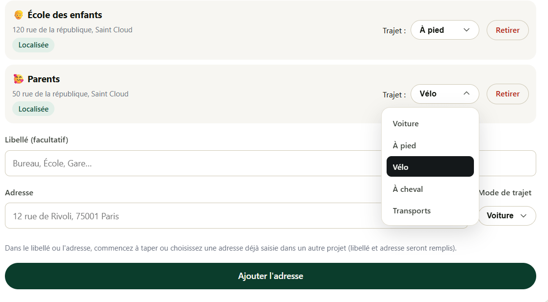 Sélection du moyen de transport lors de l'ajout d'une adresse
